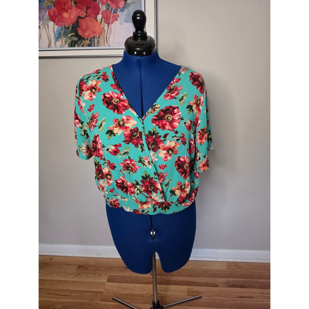 COMO Vintage Floral Tie Back Blouse Top Large Aqua Pink Wrap Front Boho Size L